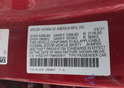 2021 Honda Accord Lx из США, поврежденный, VIN 1HGCV1F17MA050917